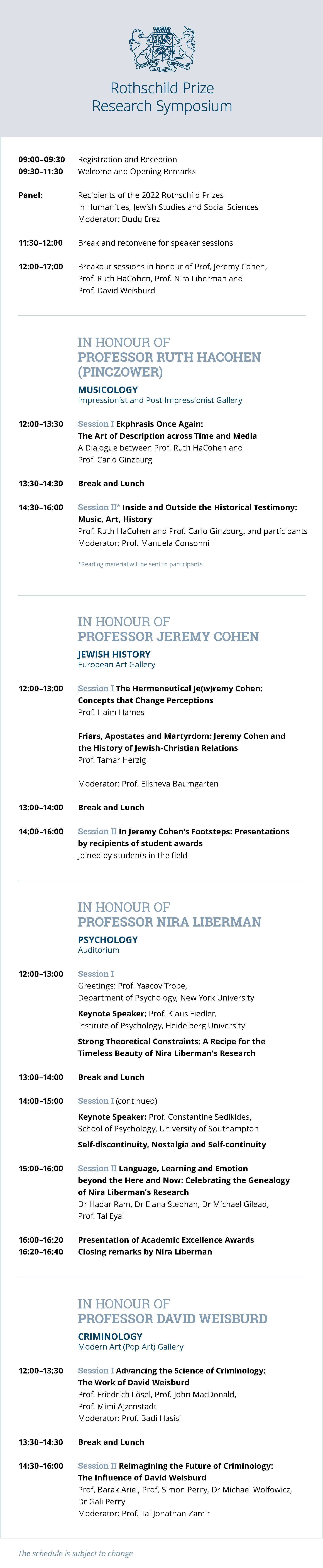 Rothschild Prize Symposium Schedule
